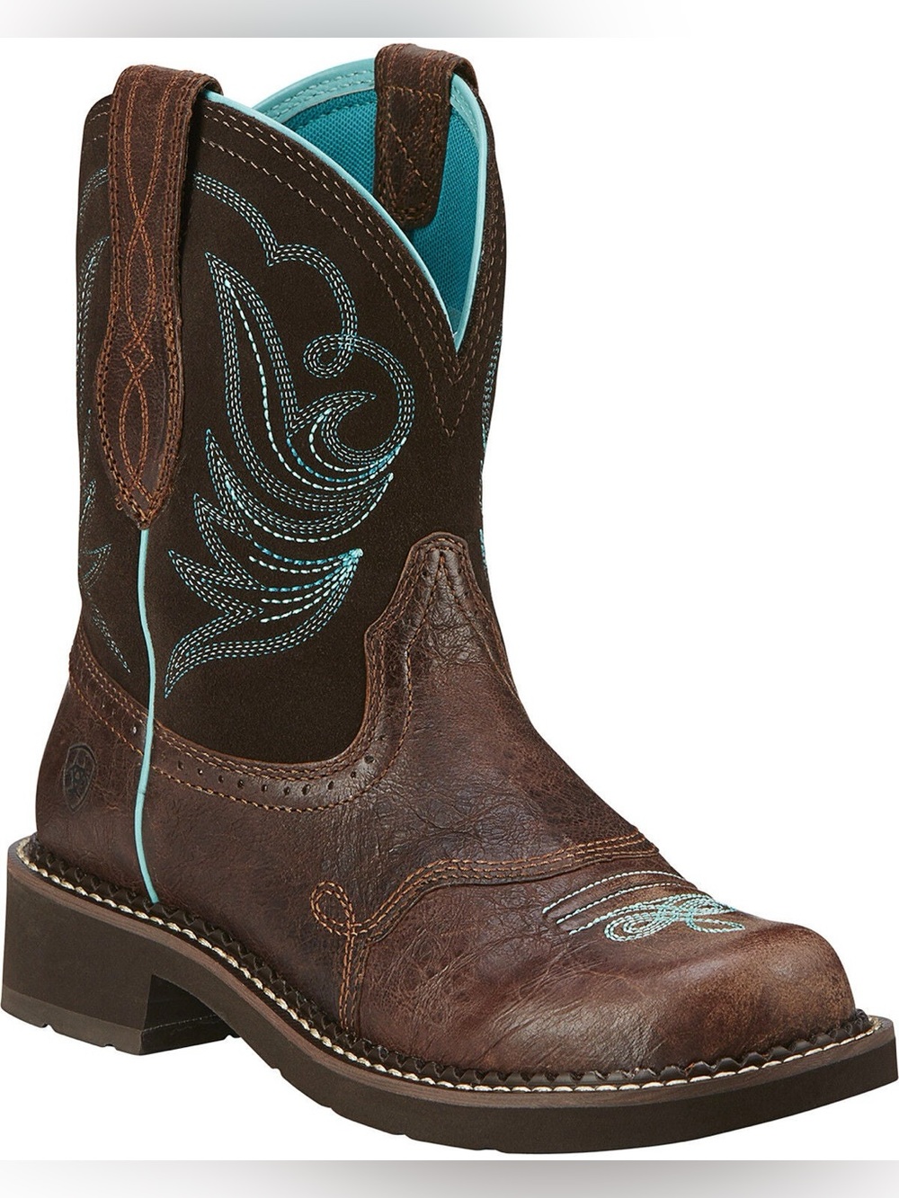 Ariat Fatbaby Heritage Dapper Western Boots Dark Brown Leather Teal Stitching - Picture 3 of 14